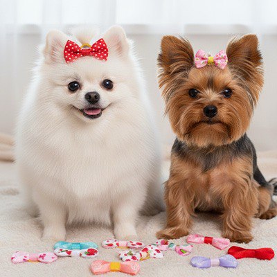 Un Poméranien blanc et un Yorkshire assis avec leur collier pour chien nœud papillon assorti.
