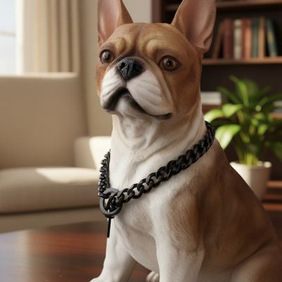 Portrait d'un Bouledogue portant un collier etrangleur chien noir mat. Le design sobre et robuste souligne l'élégance naturelle de l'animal.
