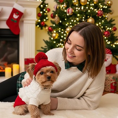 Femme allongée près d'un sapin avec un Yorkshire portant un bonnet pour chien rouge.