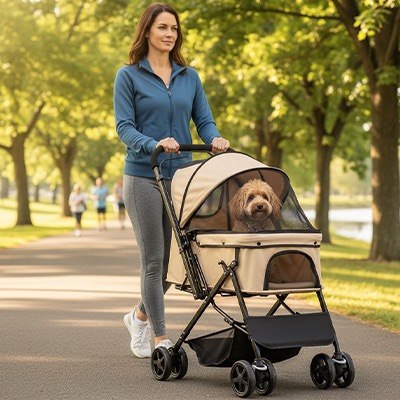 Femme en bleu avec une poussette pour chien beige transportant un Caniche moyen sur une allée.