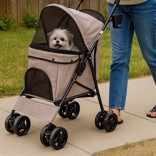 Vue latérale d'une poussette pour chien beige occupée par un Shih Tzu blanc et gris.