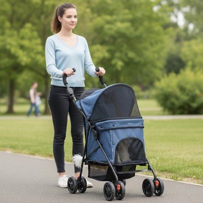 Femme promenant une poussette pour chien bleue vide sur une allée goudronnée en extérieur.