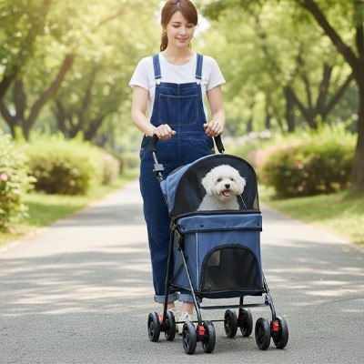 Chien Bichon frisé souriant dans sa poussette pour chien bleue sur une allée arborée.