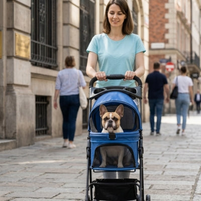 Femme poussant une poussette pour chien bleue avec un Bouledogue français en ville.