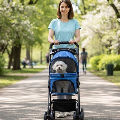 Femme en bleu marine poussant une poussette pour chien bleue avec un Maltais sur une allée arborée.