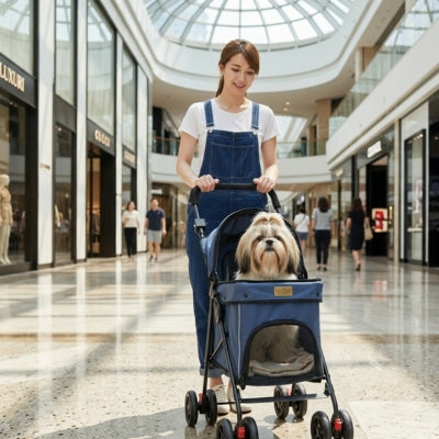 Un chien Shih Tzu dans une poussette pour chien bleue dans l'allée d'un centre commercial.