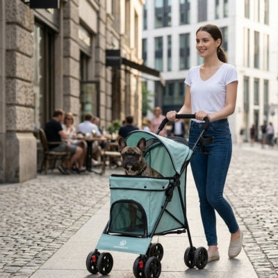 Femme sur une rue pavée en ville poussant une poussette pour chien avec un bouledogue français