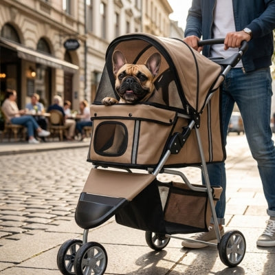 Bouledogue français marron assis dans sa poussette pour chien sur une rue pavée avec terrasses.