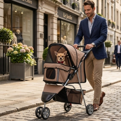 Un Chihuahua portant un nœud papillon dans sa poussette pour chien près de la boutique "Le Jardin".