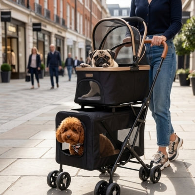Poussette pour chien avec un Carlin en haut et un Caniche en bas, en ville.