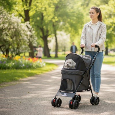 Jeune femme poussant une poussette pour chien grise contenant un petit bichon frisé dans un parc