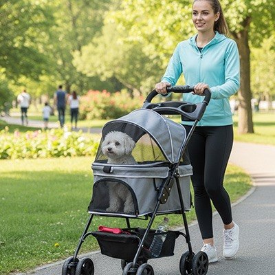 Femme en bleu poussant une poussette pour chien grise avec un Bichon frisé dans un parc.