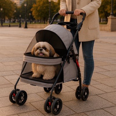 Chien Shih Tzu souriant dans une poussette pour chien grise sur une place pavée au coucher du soleil.