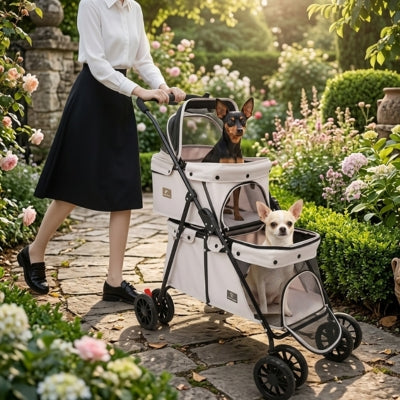 Poussette pour chien beige avec un Pinscher nain et un Chihuahua dans un jardin de roses.