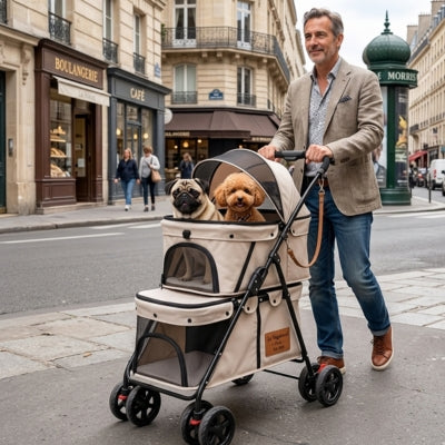 Poussette pour chien beige de luxe avec un Carlin et un Caniche dans une rue de Paris.