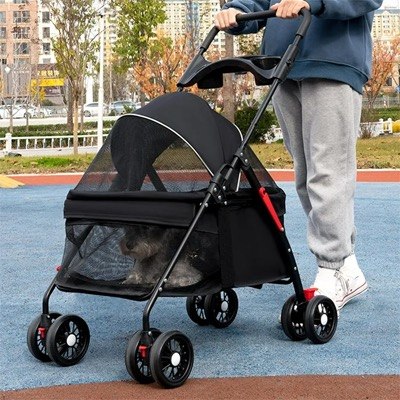 Poussette pour chien noire transportant un Schnauzer sur une piste de sport bleue en extérieur.