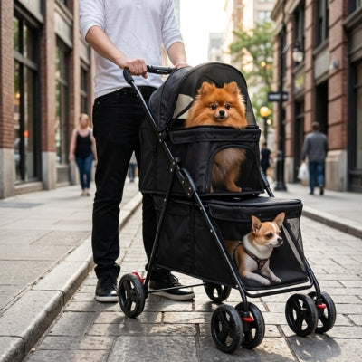 Poussette pour chien noire contenant un Spitz autrichien et un Chihuahua dans une rue.