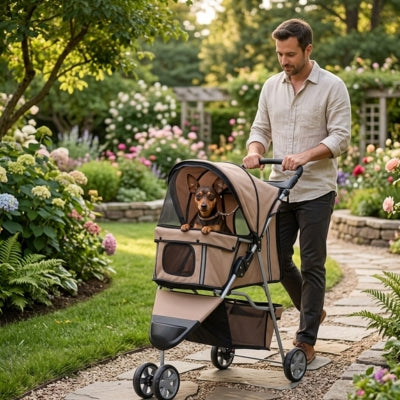 Pinscher nain assis dans une poussette pour chien beige au milieu d'un jardin de fleurs.