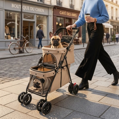 Poussette pour chien beige avec un Bouledogue français et un Carlin dans une rue de Paris.