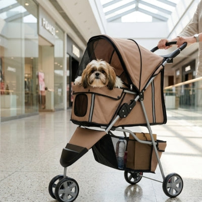 Shih Tzu dans sa poussette pour chien à l'intérieur d'un centre commercial près de l'enseigne "FANCO".
