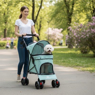 Femme souriante ajustant une poussette pour chien Wedyvko turquoise avec un bichon frisé au parc