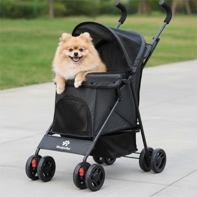 Poussette pour chien Wedyvko noire transportant un spitz poméranien souriant sur un chemin