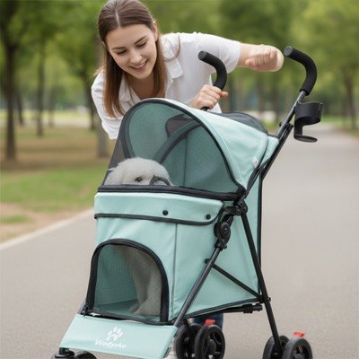 Femme en jean marchant dans une allée avec une poussette pour chien Wedyvko et un bichon frisé