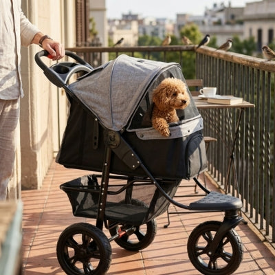 Caniche marron observant la ville depuis un balcon dans une poussette pour chiens grise.
