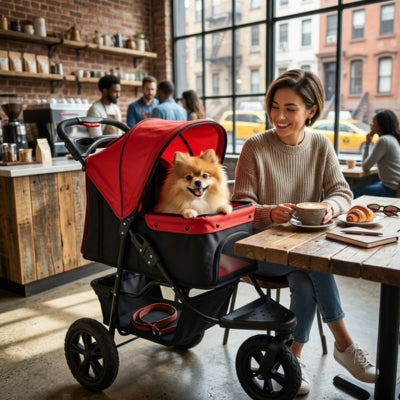 Femme au café avec un Spitz Pomeranien souriant dans sa poussette pour chiens rouge.