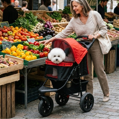 Femme choisissant des poivrons au marché avec un Bichon Frisé en poussette pour chiens.