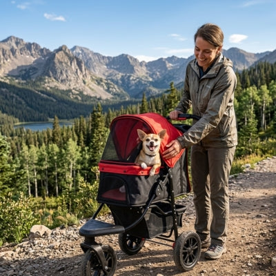 Femme en randonnée à la montagne avec un Chihuahua dans une poussette pour chiens rouge.
