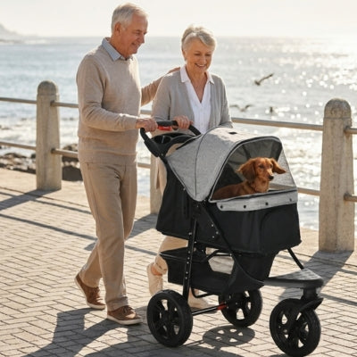 Couple senior marchant en bord de mer avec un Teckel dans sa poussette pour chiens.