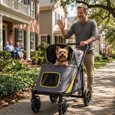 Yorkshire Terrier dans une poussette pour chiens sur un trottoir, homme saluant en arrière-plan.