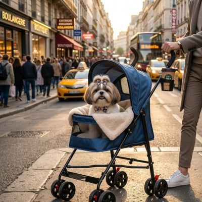 Chien Shih Tzu avec un nœud dans l'une des poussettes pour chiens bleue en pleine rue pavée.