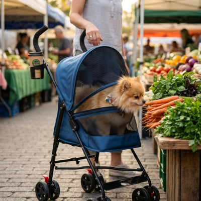 Spitz poméranien curieux dans l'une des poussettes pour chiens bleue devant un étal du marché.
