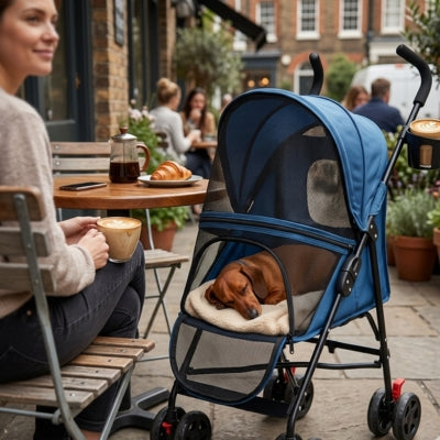 Un Teckel dort paisiblement dans l'une des poussettes pour chiens bleue à la terrasse d'un café.