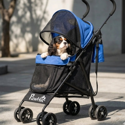 Cavalier King Charles tricolore installé dans l'une des poussettes pour chiens PawHut en ville.