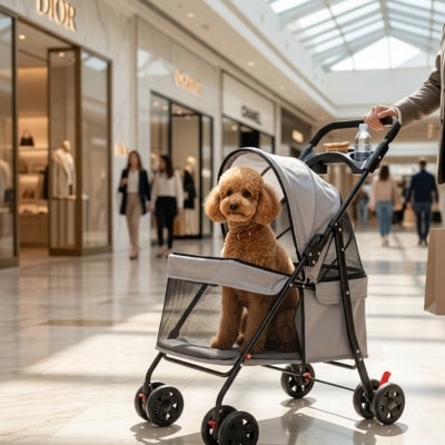 Caniche abricot dans une des poussettes pour chiens devant les enseignes Dior et Chanel.
