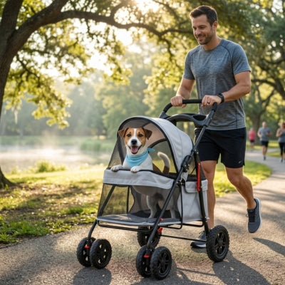 Homme courant avec un Jack Russell dans une des poussettes pour chiens sur un sentier de parc.