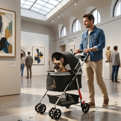 Bouledogue Français visitant une galerie d'art dans l'une des poussettes pour chiens.