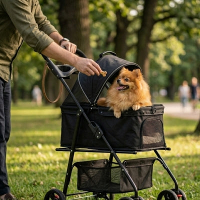 Loulou de Poméranie recevant une friandise dans une des poussettes pour chiens noire au parc.