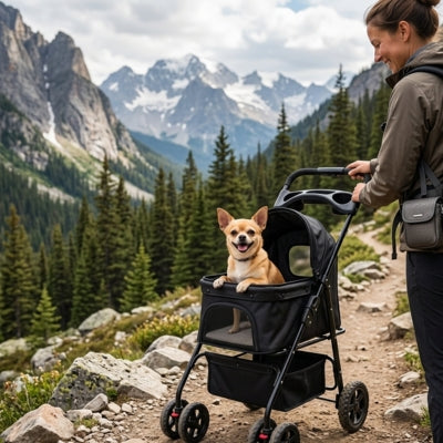 Chihuahua souriant dans une des poussettes pour chiens noire lors d'une randonnée en montagne.