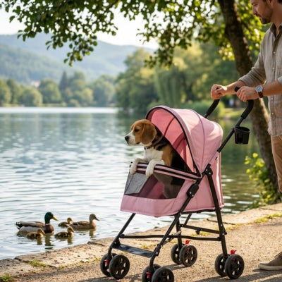 Un Beagle regarde des canards depuis l'une des poussettes pour chiens rose au bord d'un lac.