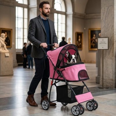 Bouledogue français dans l'une des poussettes pour chiens rose poussée par un homme au musée.