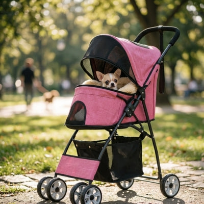 Petit Chihuahua installé dans l'une des poussettes pour chiens rose dans un parc ensoleillé.