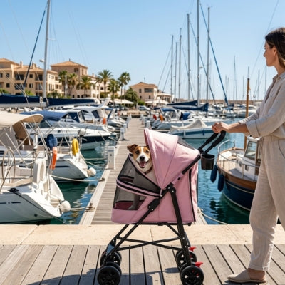 Jack Russell Terrier souriant dans l'une des poussettes pour chiens rose sur un quai de port.