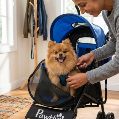 Fixation du harnais de sécurité sur un Spitz dans l'une des poussettes pour chiens PawHut.