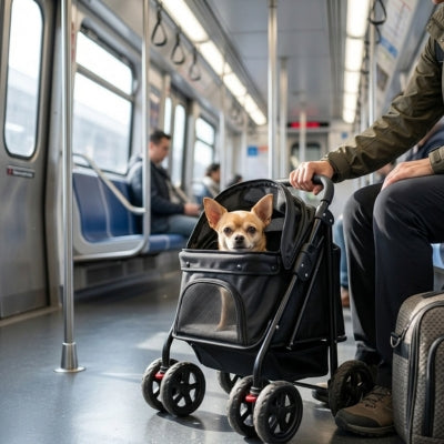 Chihuahua calme installé dans une des poussettes pour chiens noire à l'intérieur d'un métro.
