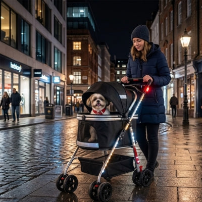 Femme promenant un Shih Tzu de nuit en ville avec l'une des poussettes pour chiens lumineuses.