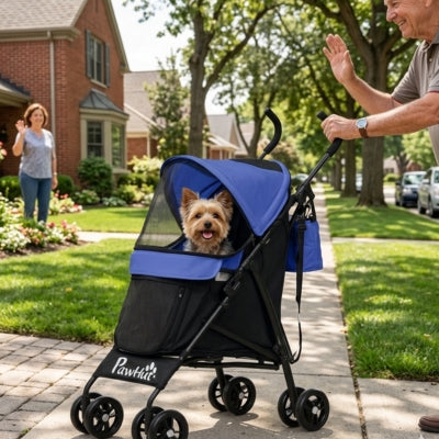 Yorkshire en promenade dans un quartier résidentiel avec l'une des poussettes pour chiens PawHut.